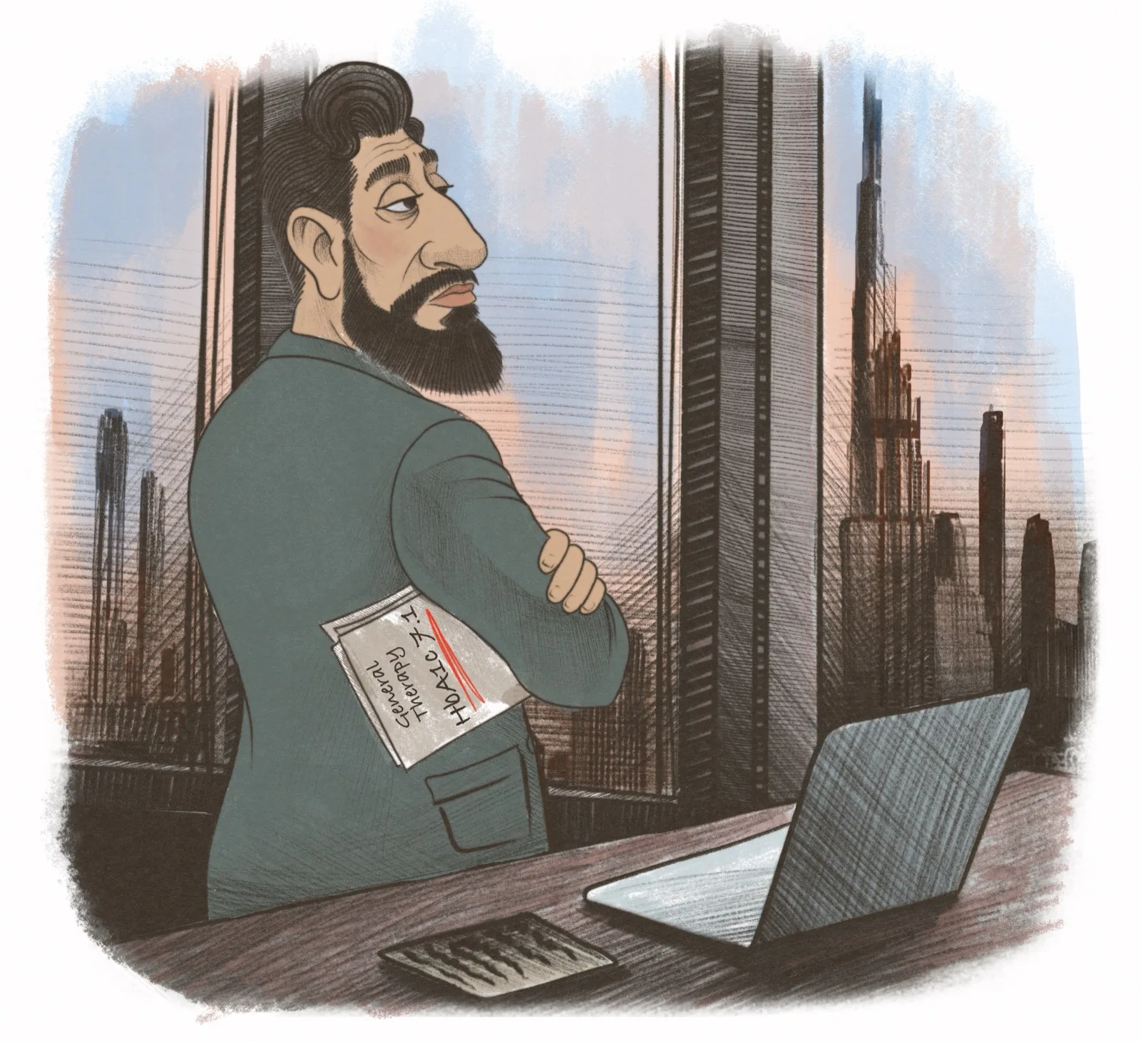Khalid steht in seinem DIFC-Büro vor der Glasfront mit Blick auf den Burj Khalifa, einen zusammengefalteten internistischen Befund unter dem Arm.